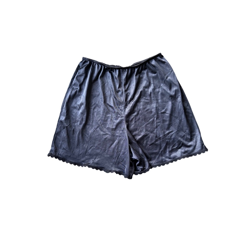 Vintage Black Satin Tap Pants Lace‎ Trim Elastic Waist Lounge Shorts Lingerie